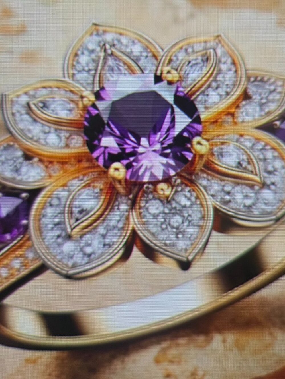 Vintage Inspired Sunflower Inlaid Ring purple rhinestone size 6